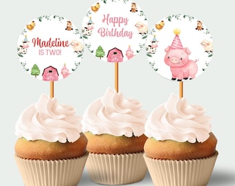Farm Animals Cupcake Toppers Girl Barnyard Cake Topper Pink Barn Cupcake Toppers Ranch Birthday Party Decor Theme Decoration EDITABLE F03