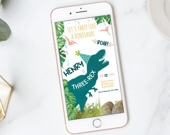 Three Rex Birthday Invitation Dinosaur 3rd Birthday Invitation Three Rex Digital Birthday Dinosaur Theme Mobile Party E-Invite EDITABLE D02