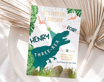 Editable Dinosaur Birthday Invitation Template T-Rex Party Invite Boy 3rd Birthday Party Three-rex Green Dino Wild Safari Roar Instant D02