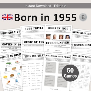 70. Geburtstags-Spiele UK Bundle British 70. Geburtstag Party-Spiel 1955 Trivia Geboren 1955 70 Jahr Männer Frauen Him Her Pound EDITIERBAR Digital