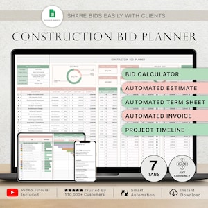 May include: A laptop displaying a construction bid planner with a spreadsheet interface. The screen shows a bid calculator, automated estimate, term sheet, and invoice features. The image also includes a tablet and smartphone displaying the same information.