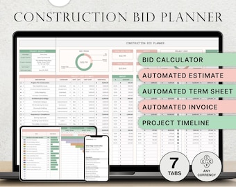 Construction Bid Planner Estimate Template Bidding Template Building Remodel Spreadsheet Budget Renovation Cost Tracker Google Sheets