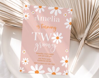 Two Groovy Invitation Retro Daisy Girl 2nd Birthday Invitation Groovy Daisy Second Birthday Invite Editable Template Instant Download R02