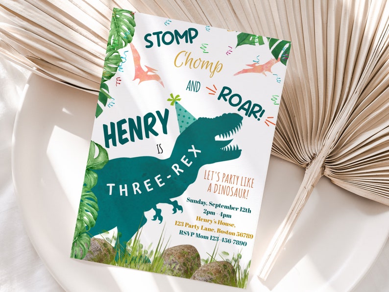 Dinosaur Birthday Invitation Template Editable Wild T-Rex Party Invite Boy 3rd Birthday Party Three-rex Green Dino Safari Roar Instant D02 image 1