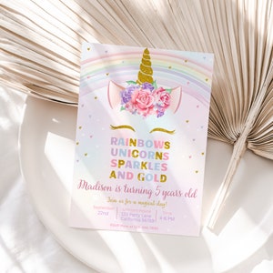 Unicorn Rainbow Birthday Invitation Unicorns Rainbows Sparkles and Gold Invitation Girl Party Invite Pastel EDITABLE Instant Digital U01