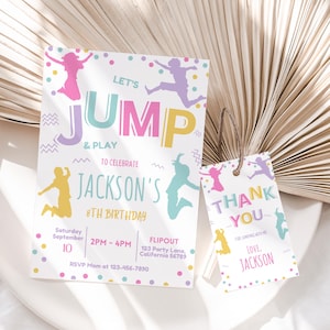 Puede incluir: Una invitación colorida con el texto "Let's Jump & Play to Celebrate Jackson's 8th Birthday" y una etiqueta de agradecimiento con el texto "Thank You for Jumping with Me Love. Jackson".