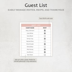 May include: A digital guest list template with the title "Guest List" at the top. The template includes fields for guest names and RSVP status, with check boxes. The text "EASILY MANAGE INVITES, RSVPS, AND THANK-YOUS" is also visible.