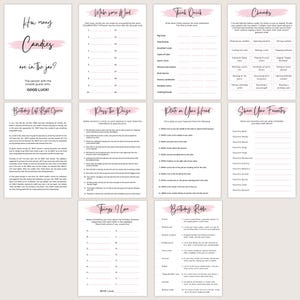 May include: A collection of printable party games on white cards with pink accents. Games include "How Many Candies," "Make Some Word," "Think Quick," "Charades," "Birthday List Right Game," "Pass the Prize," "Plate on Your Head," "Share Your Favorites," "Things I Love," and "Birthday Riddle."