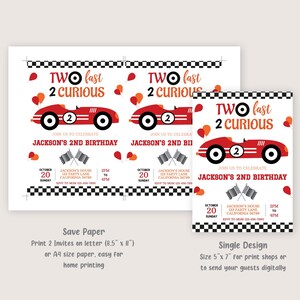Racing Car Birthday Invitation Two Fast Invitation Race Car Party Invite Boy 2nd Birthday Invite Second Red EDITABLE Instant Download R03 image 3
