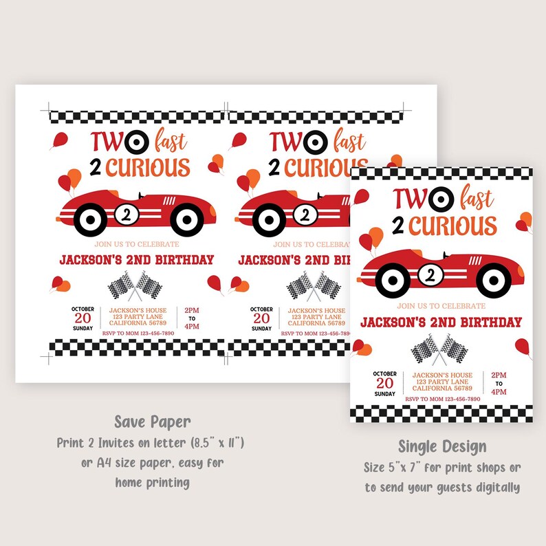 Racing Car Birthday Invitation Two Fast Invitation Race Car Party Invite Boy 2nd Birthday Invite Second Red EDITABLE Instant Download R03 image 3