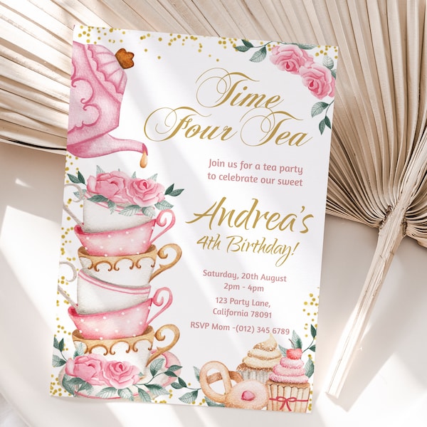 Time Four Tea Invitation Tea Party 4th Birthday Invitation Floral Tea Party Fourth Birthday Invite Pink Gold Girl Editable Instant T01