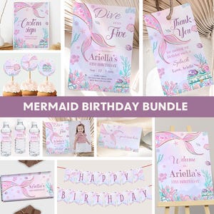 Dive into Five Birthday Invitation Bundle Mermaid 5th Birthday Decoration Girl Fifth Under the Sea Party Decor Theme Editable Digital M02