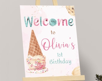 Sweet One Welcome Sign Ice Cream 1st Birthday Welcome Poster 1st Birthday Decor Sweet One Decorations 1 Year Old Theme Party EDITABLE I01