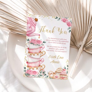Tea Party Baby Shower Thank You Card Floral Pink Gold Tea Party Baby Shower Thank You Note Baby is Brewing EDITABLE Instant Download TB1