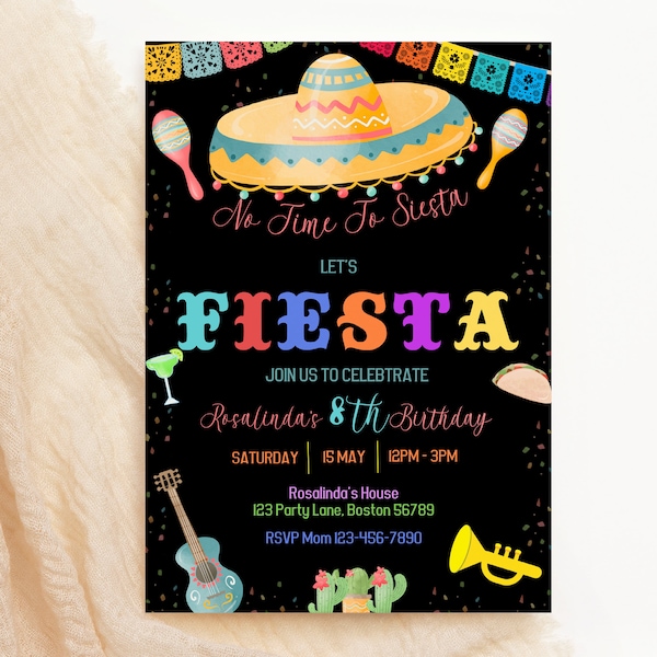 Editable Mexican Fiesta Birthday Invitation Fiesta Theme Party Invite Template Kids Fiesta Party Black Let's Fiesta Instant Printable F02