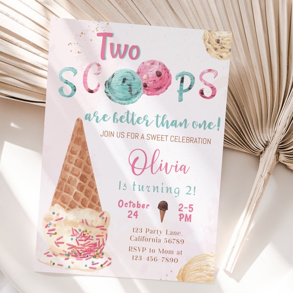 Ice Cream Birthday Invitation Two Scoops Invitation Ice Cream 2nd Birthday Party Invite 2 year old Party Invite Editable Instant Digital I01