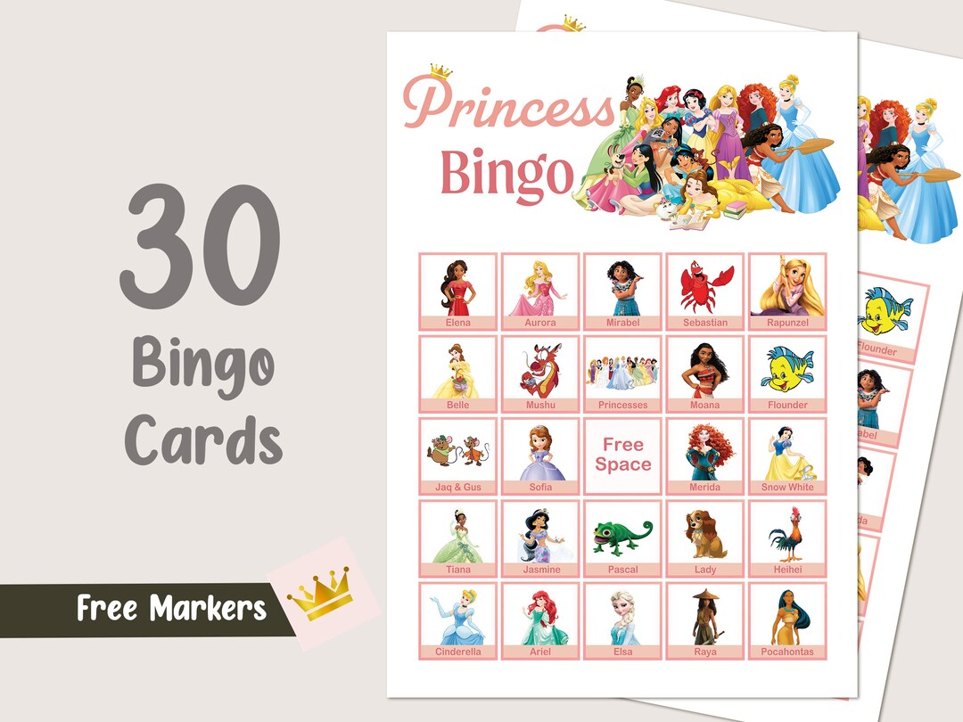 Princess Bingo 30 Cards Princess Party Games Princess Games Princess ...