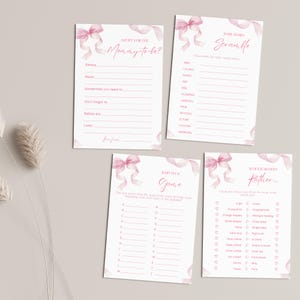 May include: Four baby shower game cards with pink watercolor bows. The cards include prompts for advice, a word scramble, a baby item game, and a "Would Mommy Rather" game. The text is in a delicate, feminine font, perfect for a baby shower.