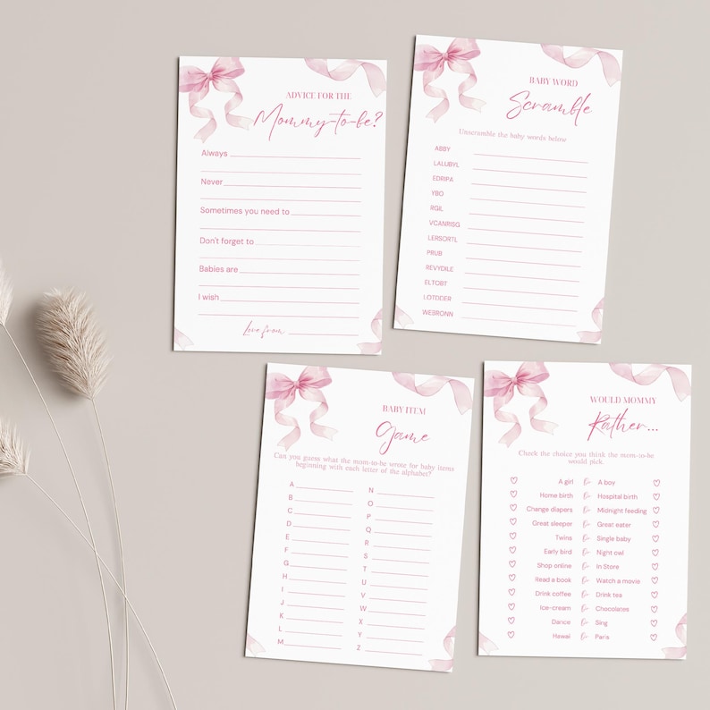 May include: Four baby shower game cards with pink watercolor bows. The cards include prompts for advice, a word scramble, a baby item game, and a "Would Mommy Rather" game. The text is in a delicate, feminine font, perfect for a baby shower.