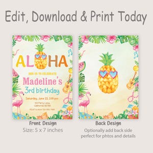 May include: A printable invitation for a 3rd birthday party with a tropical theme. The front of the invitation features a pineapple with sunglasses and the text "Aloha" and "Madeline's 3rd birthday". The back of the invitation is blank, with a pineapple design in the corner.