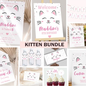 Pacchetto di inviti per compleanno di gatti, decorazioni per feste a tema gattini, decorazioni per gattini, micio, sei proprio tu? Miao, invito per ragazze rosa, MODIFICABILE, digitale K01