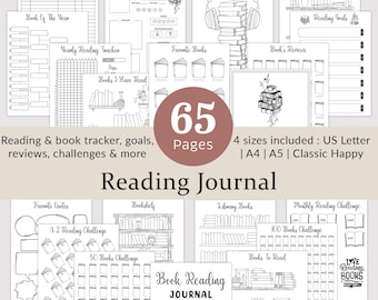 May include: A printable reading journal with 65 pages, featuring a variety of trackers, challenges, and lists for book lovers. The journal includes sections for favorite quotes, bookshelves, library books, monthly reading challenges, and more. The journal is available in four sizes: US Letter, A4, A5, and Classic Happy.