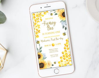 Bee elektronische uitnodiging eerste Bee dag uitnodiging digitale 1e verjaardag mobiele uitnodiging Happy Bee Day Evite telefoon uitnodigen BEWERKBARE B03
