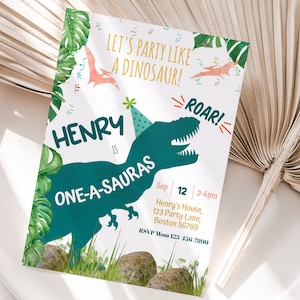 Editable Dinosaur 1st Birthday Invitation Oneasauras TRex Party Invite Template Boy First Bday Party Green Dino Instant Digital Download D02