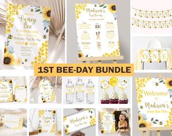 First Bee Day Invitation Bundle 1st Bee Day Party Decorations Bee Birthday Party Invite Party Kit Bee Theme Printables EDITABLE Instant B03