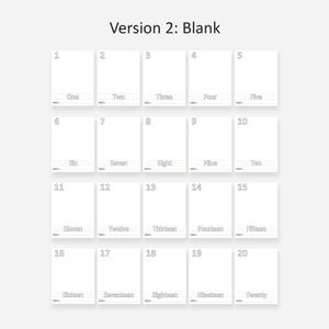 May include: A black and white printable worksheet with blank boxes numbered 1 through 20. Each box has a line for writing the number word. The worksheet is titled "Version 2: Blank".