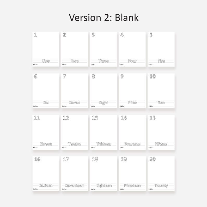 May include: A black and white printable worksheet with blank boxes numbered 1 through 20. Each box has a line for writing the number word. The worksheet is titled "Version 2: Blank".