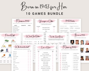 81e anniversaire Jeux pour les femmes 81e anniversaire Jeux de fête pour elle née en 1943 Jeu 1943 Trivia Quiz Activity Bundle Instant Digital PRINTABLE