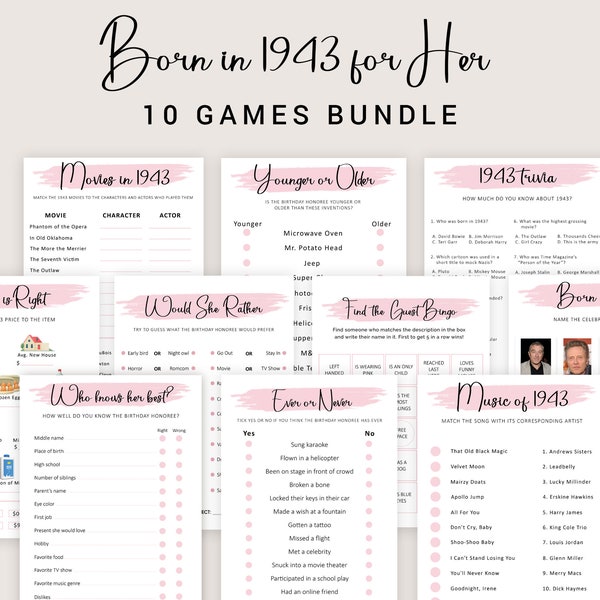 81st Birthday Games for Women 81st Birthday Party Games for Her Born in 1943 Game 1943 Trivia Quiz Activity Bundle Instant Digital PRINTABLE