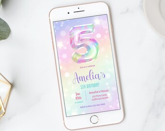 May include: A smartphone displays a birthday invitation. The invitation features a large, colorful number 5, the name "Amelia's", and the text "5TH BIRTHDAY!". Additional details include the date, time, and location.