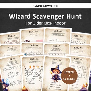 Pode incluir: Uma caça ao tesouro imprimível para crianças mais velhas com tema de mago. O jogo inclui 12 pistas com vários quebra-cabeças e enigmas para resolver. As pistas são projetadas para parecer pergaminho antigo com ilustrações de um mago e um caldeirão.