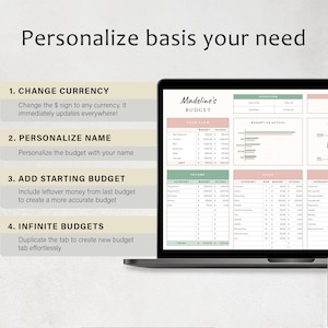 May include: A laptop displays a budget spreadsheet with the text "Madeline's BUDGET." The screen shows sections for cash flow, income, and bills. Text on the screen says "Personalize basis your need" and lists features like currency and name customization.