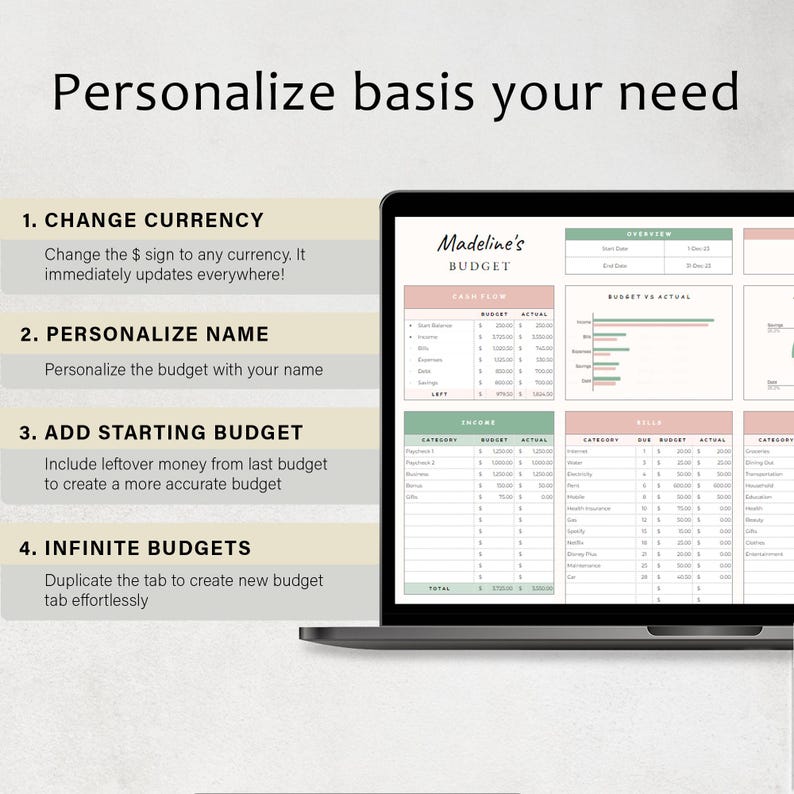 May include: A laptop displays a budget spreadsheet with the text "Madeline's BUDGET." The screen shows sections for cash flow, income, and bills. Text on the screen says "Personalize basis your need" and lists features like currency and name customization.