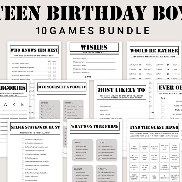 Teen Birthday Games Boy Birthday Party Games for Him Teenager Birthday Party Games Pre-teen Birthday Activities PRINTABLE Instant Digital