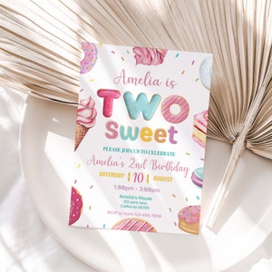 Two Sweet Invitation Donut Second Birthday Invite Girl Donut 2nd Birthday Invitation Donut Two Sweet Invite EDITABLE Instant Digital D04