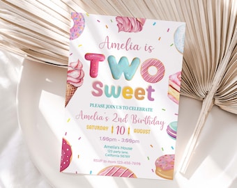 Two Sweet Invitation Donut Second Birthday Invite Girl Donut 2nd Birthday Invitation Donut Two Sweet Invite EDITABLE Instant Digital D04