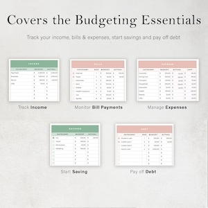 May include: A printable budgeting worksheet with six sections: Income, Bills, Expenses, Savings, Debt, and a title that reads "Covers the Budgeting Essentials". Track your income, bills & expenses, start savings and pay off debt.