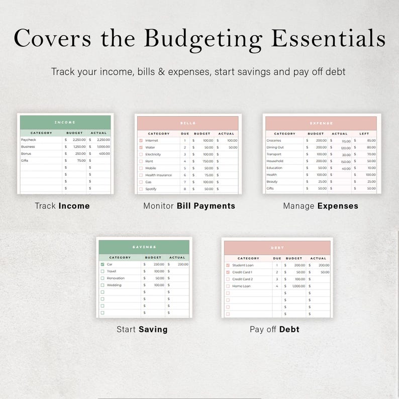 May include: A printable budgeting worksheet with six sections: Income, Bills, Expenses, Savings, Debt, and a title that reads "Covers the Budgeting Essentials". Track your income, bills & expenses, start savings and pay off debt.