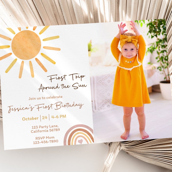 First Trip Around the Sun Birthday Invitation with Photo 1st Trip Around the Sun Invitation with Picture 1 year Editable Digital Instant S06