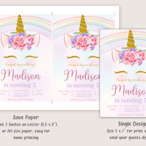 Unicorn Birthday Invitation Rainbow Unicorn Party Invite Pink Purple Gold Floral Unicorn Girl Birthday Invite Editable Digital Download U01 image 3