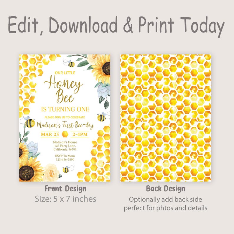 Bee Birthday Invitation Bee Day Invitation Honey Bee Birthday Party Invite Girl Sunflower Bee Invite EDITABLE Instant Digital Download B03 image 2