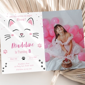 Cat Birthday Invitation with Photo Cat Party Invitation with Picture Kitten Invitation Kitty Birthday Girl EDITABLE Instant Download K01