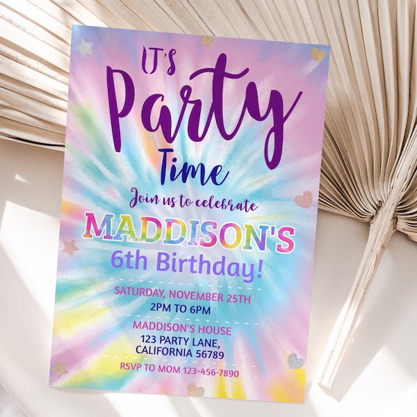 Tie Dye Birthday Invitation Rainbow Tie-Dye Party Invite Girl Birthday Invitation EDITABLE Template Instant Digital Download Printable T02