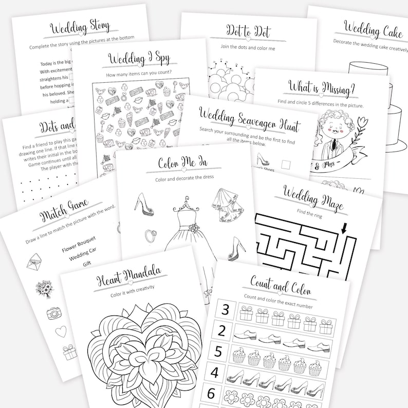 May include: A set of printable wedding activity sheets for guests to complete. The sheets include a wedding story, a wedding I spy game, a dot-to-dot, a wedding scavenger hunt, a color me in, a match game, a heart mandala, a wedding maze, a what is missing game, a count and color activity, and a wedding cake decorating page.