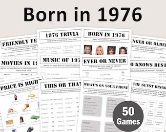 50th Birthday Games Bundle 50th Birthday Party Games 1976 Trivia Born in 1976 50 Year Old Men Women Him Her Quiz EDITABLE Instant Digital