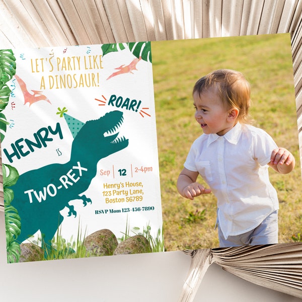 Two Rex Invitation with Photo Dinosaur 2nd Birthday Invitation with Picture Two Rex Birthday Invitation 2 year Editable Instant Download D02
